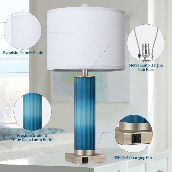 Set of 2 Table Lamps Blue Glass Bedroom Lamp for Bedside with USB C A Charging Ports Modern Art Deco Nightstand Lamp